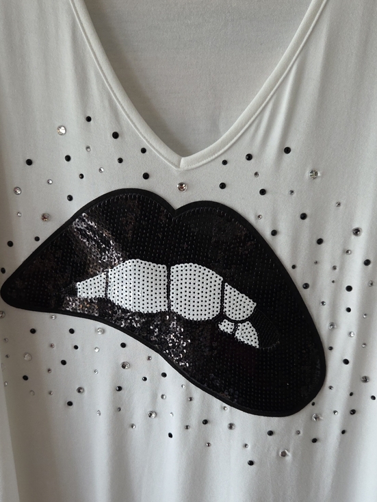 Tops - White V-Neck Tee with Black Sequin Lip Graphic Custom Made